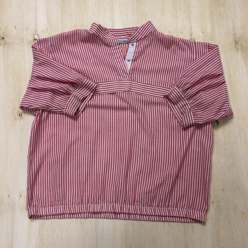 Vintage Gary-Cees Shirt Womens XL Red Stripe 3/4 Sleeve Band Collar Made In USA